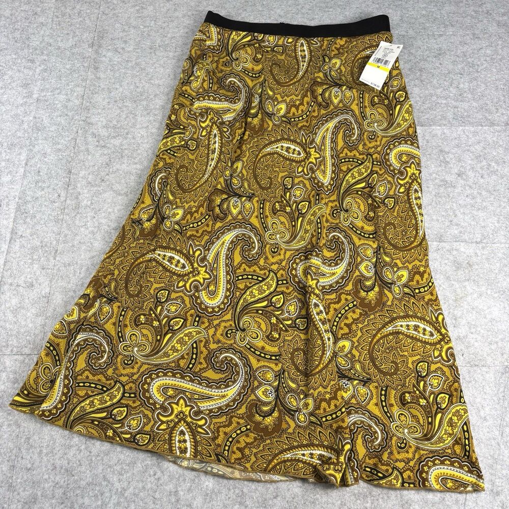 Karen Kane Bias Cut Midi Skirt Medium Tropic Sun Paisley Gold Brown NWT $138
